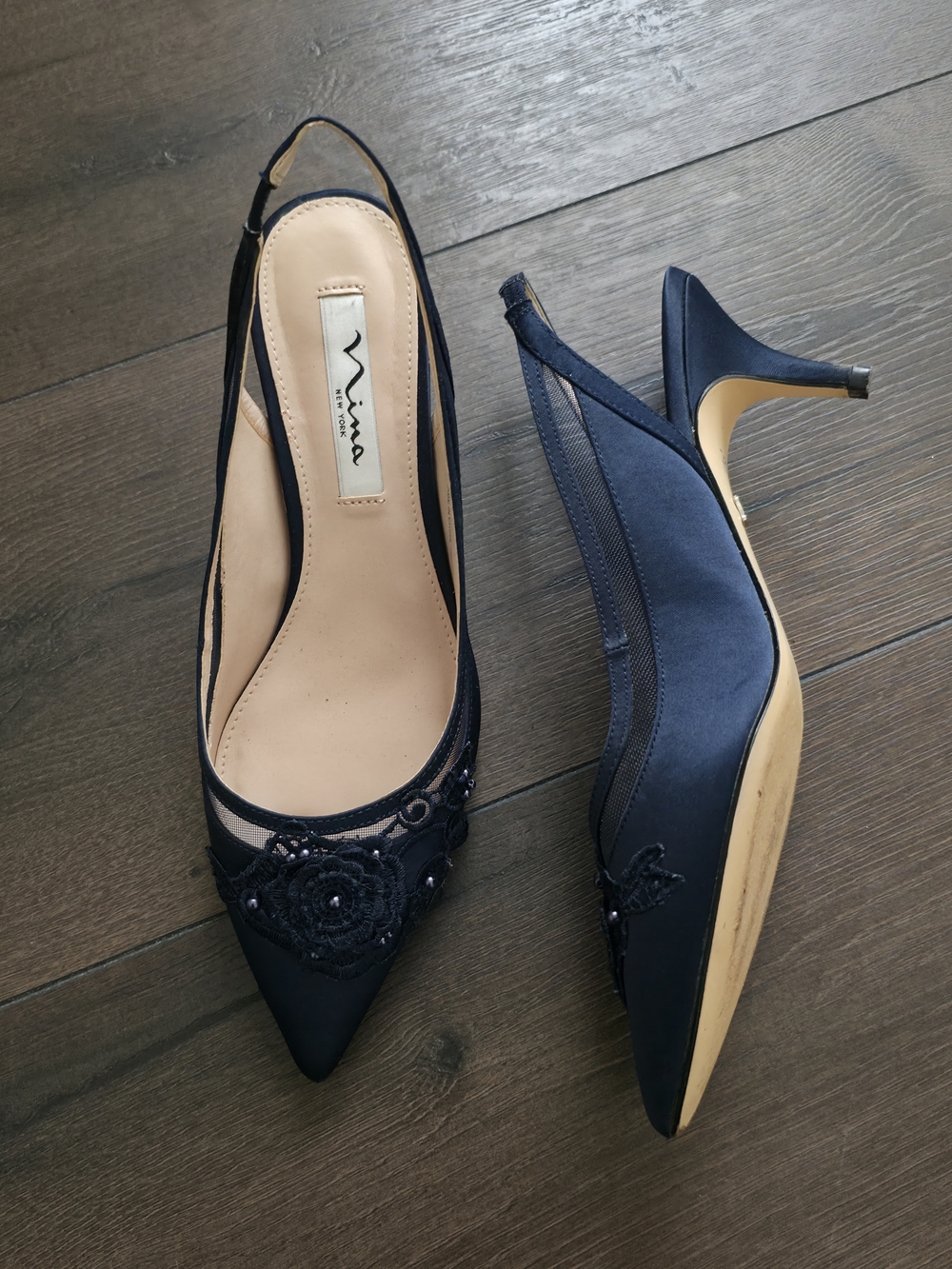 Nina Lace Womens Navy Slingback Pointed Toe Heels